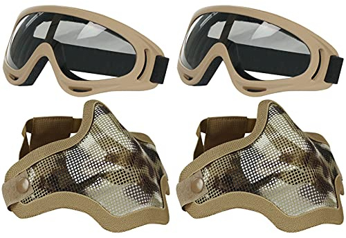 AOUTACC Airsoft Ensemble Masque et Lunettes, Demi-Masque en Acier Plein Masque et Lunettes pour CS/Chasse/Paintball/Tir