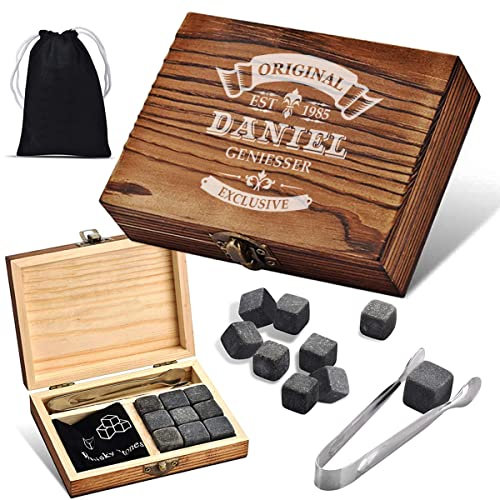 Coffret cadeau 4 pièces de glaçons Boîte en bois avec gravure au choix Avec 9 glaçons, 1 pince et 1 sac - Réutilisable Boissons fraîches garanties - Idée cadeau d'anniversaire Motif boussole