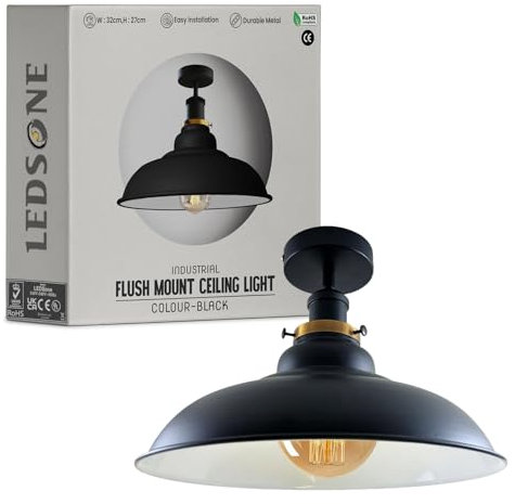 LEDSone Plafonnier rétro vintage avec rosace et support de lampe en métal rétro antique Edison E27 IP20 Lampe à vis câblée (Noir)