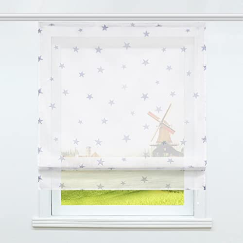 CORLIF Raffrollo mit Klettband Transparente Raffgardine Voile Kinderzimmer Modern Bändchenrollo Vorhänge mit Sterne Muster Grau BxH 140x140cm 1 Stück