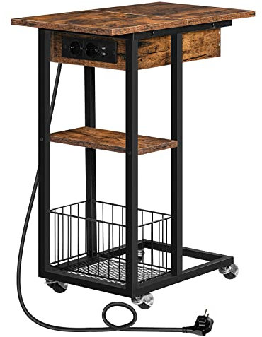 HOOBRO Beistelltisch mit Ladestation, Flip C-Form Sofatisch, Couchtisch mit Rädern und Ablagefläche, Nachttisch für Wohnzimmer, Schlafzimmer, Dunkelbraun EBF022SF01G1