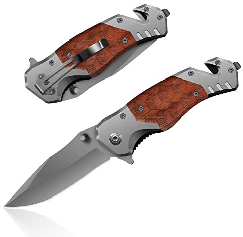 HONZIN Cuchillo plegable 3 en 1 cuchillo de bolsillo multiherramienta de acero inoxidable, cuchillo de supervivencia para acampar (mango de madera)