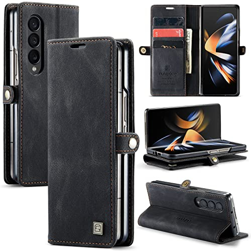 EYZUTAK Wallet Case for Samsung Galaxy Z Fold 4, Retro Matte Premium Protective Leather Case 3 Card & 1 Cash Slot with RFID Blocking Viewing Stand Magnetic Closure TPU Shell Flip Cover - Black