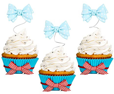24Pcs Bowknot Cupcake Toppers Resin Bow Cake Topper Decorations Children's Birthday Party Bow Dots Cupcake Toppers for Children's Birthday Baby Shower Party Cake Decorations Supplies Blue