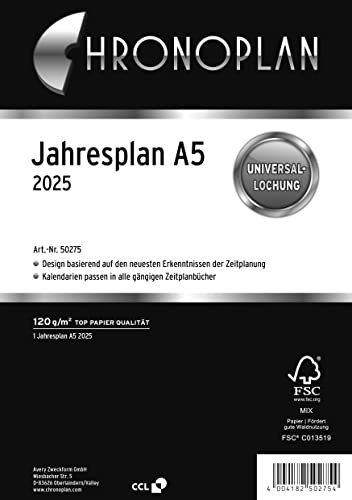 Chronoplan 50275 Kalendereinlage 2025 (Jahresplan A5 (148x210mm) Ersatzkalendarium für Terminplaner, für übersichtliche Jahresplanung, 1 Monat auf 1 Seite zum Aufklappen mit Leporello-Falzung) weiß