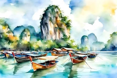adrium Acryl-Bild 80 x 50 cm: Aquarellmalerei traditioneller thailändischer Langheckboote im Meer (206646926)
