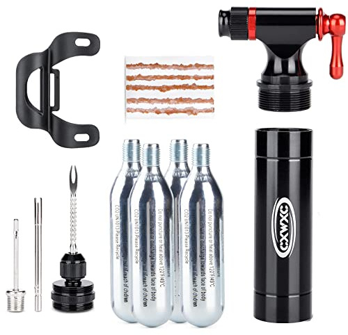 CXWXC CO2 Inflator with 4 x 16g CO2 Cartridges & Tubeless Tire Repair Kit - Presta/Schrader Valve Compatible - Bicycle Tire Pump for Road and Mountain Bikes