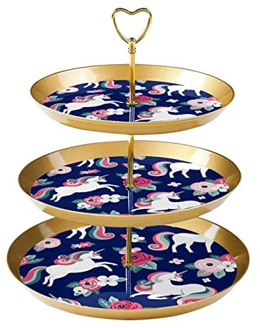 JAVENPROEQT 3-Tier Cupcake Stand Cake Holder, Cute Unicorns on Vintage Floral Reusable Serving Tray Pastry Display Tower for Birthday Baby Shower Tea Party