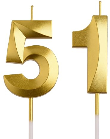 AOOLADA 51st Birthday Candles, Gold 51 Year Old Number Birthday Candles, Happy Birthday Party Decorations Cake Topper Gifts for Men Women