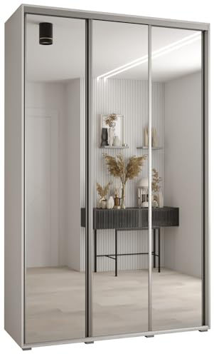 ABIKSMEBLE Cannes 2 Armoire Moderne à 3 Portes Coulissantes avec Barre, Étagères et Miroir - Armoire de Rangement pour Chambre, Salon - 205,2x160x45 cm - Blanc Blanc Argent