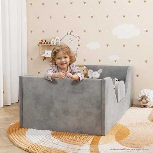 SOFTLYNICE Toddler Bed, Toddler Floor Bed Frame with Guard Rails, Small Bed for Kids Boys and Girls Aged 2-6 Years, Standard Crib Mattress Toddler Beds, Certified Fabric Toddler Beds(Big Gray)