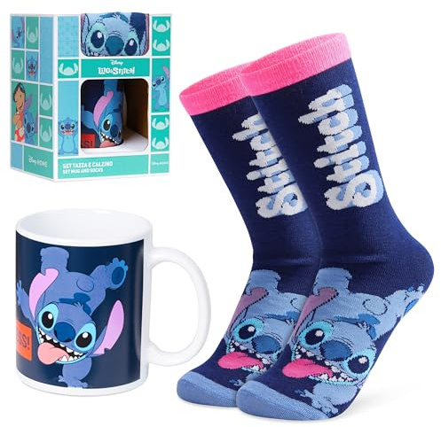 Disney Stitch Mug and Calf Socks Gift Set for Women Teenagers Cute 312ml Ceramic Mug Soft Socks, Stocking Filler Gifts for Her Gifts (Navy)