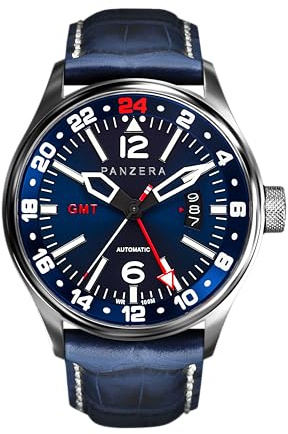 Panzera Flieger 45G Mechanische Automatikuhr Stahl Blau Saphirleder Datum Herrenuhr, Schwarz , Armband