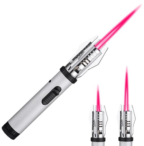 Jetflamme Feuerzeug, Gas nachfüllbar, sturmfest, einstellbare Flamme, winddicht, abschließbar für Grill, Kamin, Camping (Ohne Butangas) (Silber)