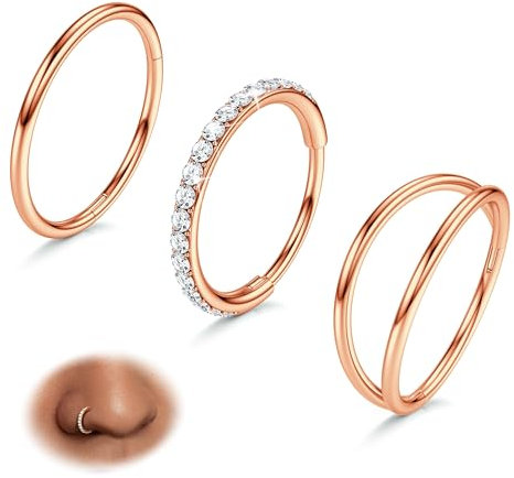 BodyBonita 3 Stück Nasenpiercing – 316L Edelstahl Doppelt Reifen Nasenring 20G CZ Septum Piercing Helix Conch Tragus Daith Ohrring lippenpiercing Schmuck Hypoallergen Frauen Männer Roségold 7mm