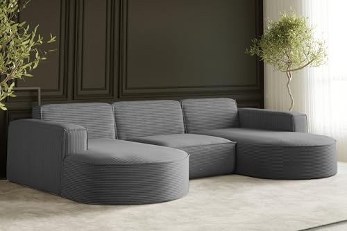 Kaiser Möbel - Ecksofa mit Wohnlandschaft, Eckcouch U Form XXL, Bigsofa, Sofa 3-sitzer, Bequemes Couch mit Ottomane für Wohnzimmer, Relaxsofa, Cord Stoff, Lounge-Set U-Form, Modena Studio, Silber