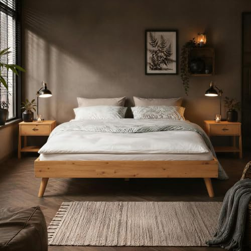 IDIMEX Lit futon Karri Double pour Adulte, 140 x 200 cm, 2 Places, en Bois Massif Coloris chêne, Robuste idéal pour futon ou Matelas 140 x 200 cm avec Barre Centrale et 4 Pieds Coniques de Soutien