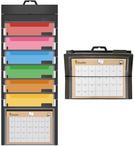 Erweiterbare Wand-Ärmelklappmappe-Ordner, Aruihm-Ordnerordner mit 6 Abnehmbaren Aufhängenden Taschen, Mehrschichtiges A4-Dateispeichergerät, Tragbarer und Faltbarer Ordnerbeutel, Schwarz