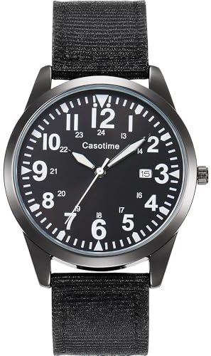 Casotime Orologio tattico militare da uomo, al quarzo, analogico, testato sul campo, con quadrante luminoso, cinturino in nylon resistente all'acqua fino a 30 m e lancetta dei secondi, unisex