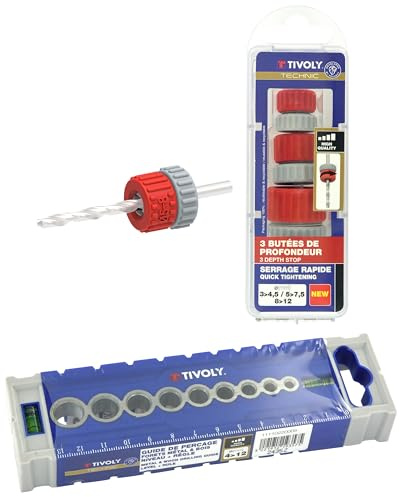 TIVOLY Lot 3 Butées de Perçage Plastique Réglables Ø3-12mm + Guide Perçage Pilot 5 Bleu Ø4-12mm – Accessoires Foret Bois Métal Perpendiculaire