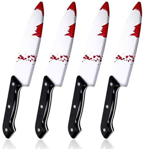 Cuchillo falso de Halloween, paquete de 4 cuchillos falsos sangrientos, accesorios de terror para matar cuchillos de carnicero, accesorios clásicos de cuchillo de broma para festival, disfraz