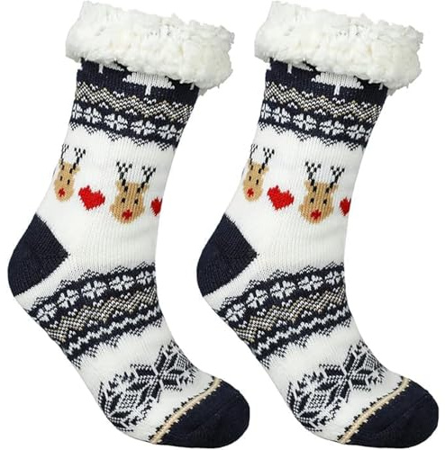 FiveMileBro Calzini Natalizi con Cuori e Renna, Calzini Pelosi Soffici e Termici, Calzettoni Unisex Morbidi, Calze a Pantofola Natalizie Calde per Atmosfera Festiva (blu)