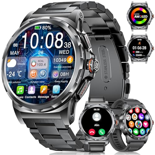 LIGE Reloj Inteligente Hombre Llamadas Bluetooth/3 Correas/1.43 AMOLED Smartwatch Hombre con 110+ Modos Deportivos, Monitoreo del Sueño, IP68 Impermeable Podómetro Actividad Android iOS, Negro