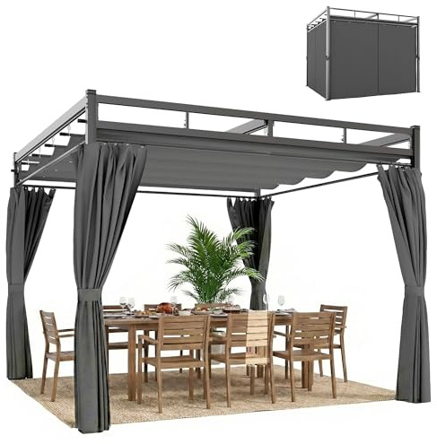 Outsunny Pergola de jardin 3 x 3 m avec toit rétractable et 4 rideaux, tonnelle de jardin avec protection UV30+, imperméable, structure métallique, pavillon pour patio, terrasse, extérieur, gris foncé