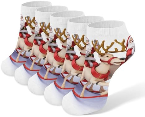 RTFGHJS 5 Pairs Santa Claus Reindeer Sled Ankle Socks Women's Men Thin Athletic Running Cotton Low Cut No Show Socks