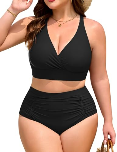 Nadeer Dos Piezas Conjunto De Bikini De Talla Grande Reductor Ropa De Playa Cintura Alta Push Up Mujer Ropa De Playa Cintura Alta(XXL,Negro)