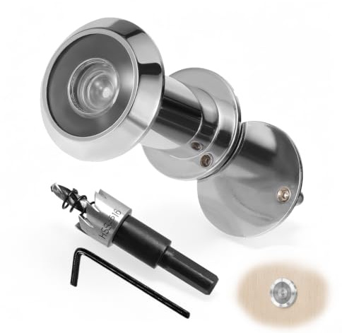 Zlokdraxy Mirilla 200°, 16mm, para 35-60mm, plata, con broca | 200° gran angular, lente óptica, 16mm, longitud ajustable, latón resistente, fácil instalación con broca incluida