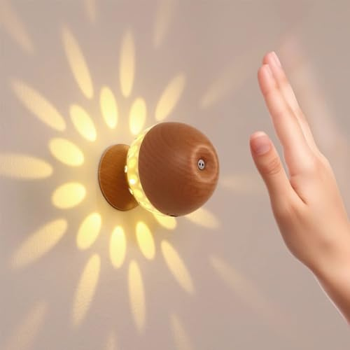 Vägglampa, LED trä vägglampa inomhus, touch och sensor vägglampa utan ström väggbelysning 360° handsensor
