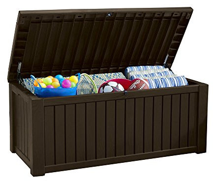 Koll Living Auflagenbox/Kissenbox 570 Liter l 100% Wasserdicht l mit Belüftung dadurch kein übler Geruch/Schimmel l Moderne Holzoptik l Deckel belastbar bis 250 KG (2 Personen) (Braun)