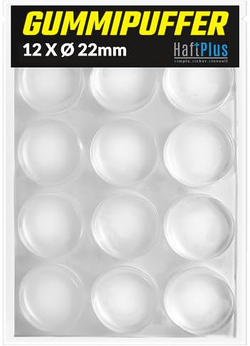 HaftPlus - 12 Stück Elastikpuffer, Anschlagpuffer transparent, Möbelpuffer selbstklebend, Schutzpuffer Anschlagdämpfer, Höhe 5,5mm, Ø 22mm
