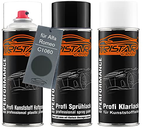 TRISTARcolor Vernice per auto Kit bombolette spray per paraurti di plastica per Alfa Romeo C1060 Nero Opaco base adesiva vernice di base vernice trasparente con plastificante