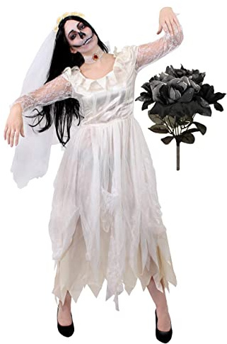 Ladies Ghost Bride Fancy Dress Costume - Halloween Corpse Bride Costume Ragged White Wedding Dress + Fake Black Rose Bouquet - Perfect For Halloween Or Horror Themed Parties