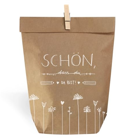 Eine der Guten Geschenktüten Set - Schön dass du da bist, 24 gestempelten Kraftpapiertüten & Mini-Holzklämmerchen, Mitgebsel & Giveaways für Hochzeit, Kindergeburtstag, Taufe, Weihnachten, 14 x 22 cm
