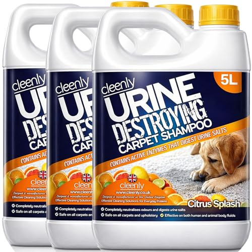Cleenly Urine Destroying Enzyme Carpet Shampoo Cleaning Detergent (3 x 5 litres) - Digests Urine Salts - Gets Rid of Urine, Vomit, and Faeces Stains