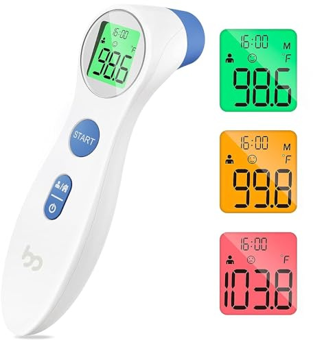 Forehead Thermometer for Adults and Kids, Digital Touchless Thermometer for Baby, Infants and Toddlers, 3 Color Fever Alarm, 1s Fast Accurate Reading, Non Contact