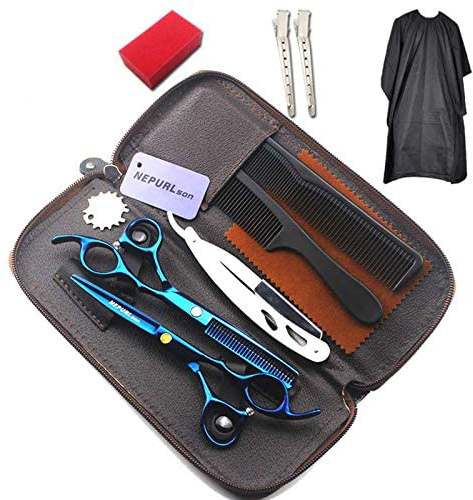JIESENYU Juego de Tijeras de Peluquería Profesionales de 6 Pulgadas (2) - Cuchillas Japonesas de Acero Inoxidable, Incluye Tijera de Adelgazamiento
