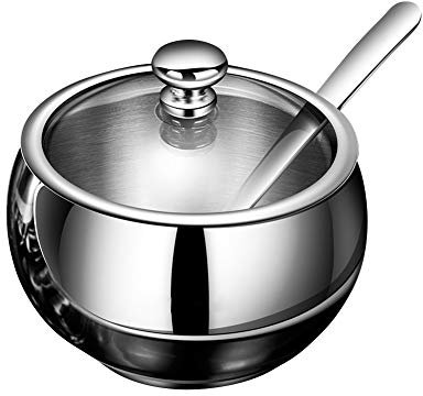 Zuccheriera, ciotole per zuccheriera, in acciaio inox, dispenser per sale e pepe in acciaio inox, include vetro da zucchero, coperchio in vetro e cucchiaio per organizer per bottiglie e contenitori