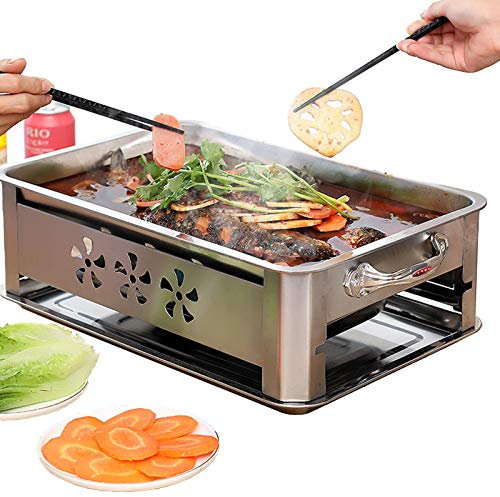 RANRANHOME Portable Barbecue Charbon De Bois BBQ Grille, Rôtissoire À Poisson Grillé en Acier Inoxydable, Plateau À Charbon À Tirer pour Barbecue, Fête, Pique-Nique, Camping, 36X27x15cm