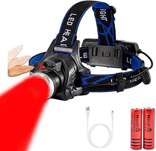WindFire Rechargeable Hunting Red Light LED Head Torch,3 Mode Red Headlamp and Zoomable Water Resistant Tactical Head Torches for Night Observation,Aviation,Reading,Hog Coyote Varmint Hunting