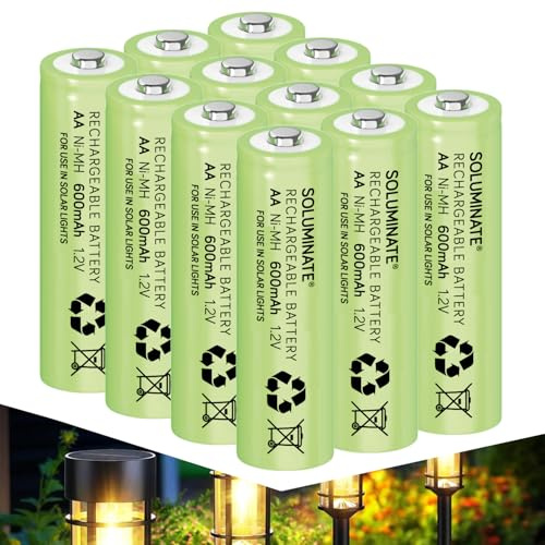 SOLUMINATE AA Rechargeable Solar Light Batteries 1.2V 600mAh NiMH (12-Pack) | Designed for use in outdoor garden solar lights. AA Size 50.5mm x 14.5mm. Very latest NiMH technology. A UK brand.