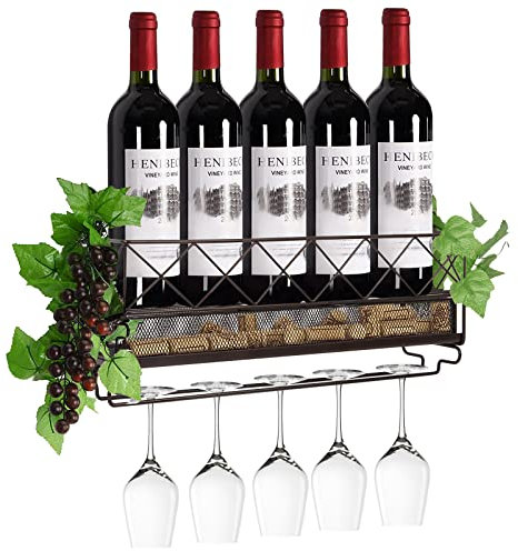 Wall Mounted Wine Rack with Glass Holder Metal Wine Shelf Champagne Bottle Holder Hanging Rustic Wine Holder Floating Wine Shelf for Kitchen, bronze