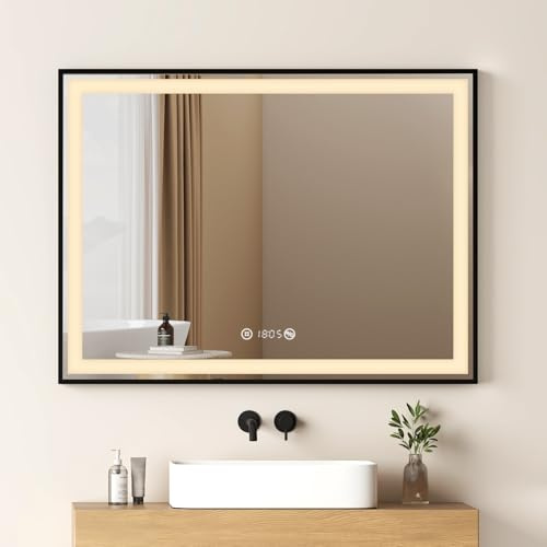 EMKE Badspiegel mit Beleuchtung 80x60cm, schwarzer Badezimmerspiegel mit Touch, Dimmbar, Antibeschlag, Uhr, Memory-Funktion und Neutrales Licht 4300K, energiesparend Wandspiegel IP44