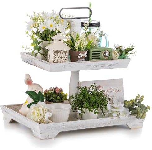 Hanobe Deko Tablett Etagere Holz: Weiß Gewaschen Holztablett Groß Rechteckig mit 2 Ebenen Bauernhaus Dekotablett Vintage Shabby serviertablett für Home Kaffeeecke Duschraum