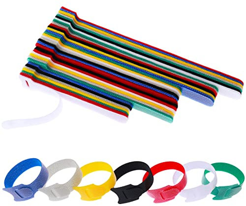70Pcs Fastening Cable Ties Reusable,Hook and Loop Nylon Strips Cable Wraps 4/6 /7/8 Inch 7 Color Adjustable Cord Straps, Cable Cord Wire Organizer for Desk Cable Wires Management