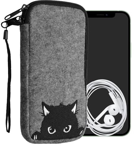 kwmobile Handytasche für Smartphones XL - 6,7/6,8 - Handy Filztasche - Neugierige Katze Grau Schwarz - 17,2 x 8,4 cm Innenmaße