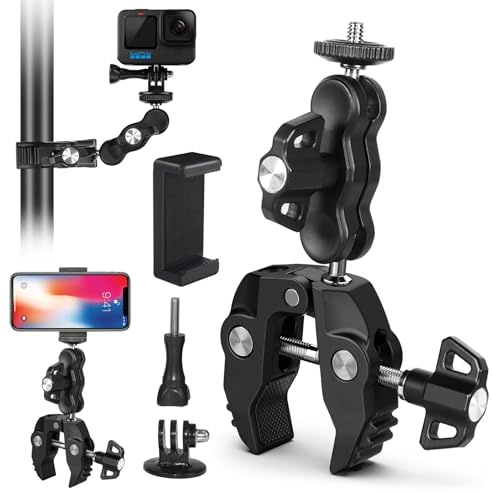ZAKVOP Action Kamera Halterung Motorrad Fahrradhalterung mit Handyhalterung | Kamerahalterung Klemme mit 360° Kugelkopfarm mit 3/8 Gewindelöchern, Super Clamp mit Magic Arm für GoPro Insta360